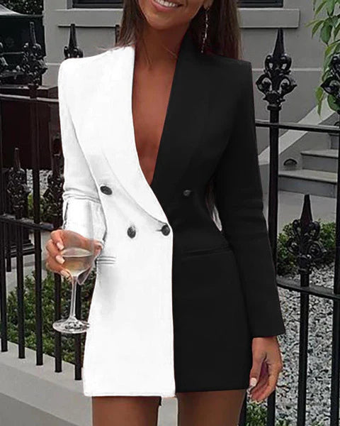 Women’s Blazer Dress – Tailored Fit – Two-Tone – V-Neck Mini – Double Breasted