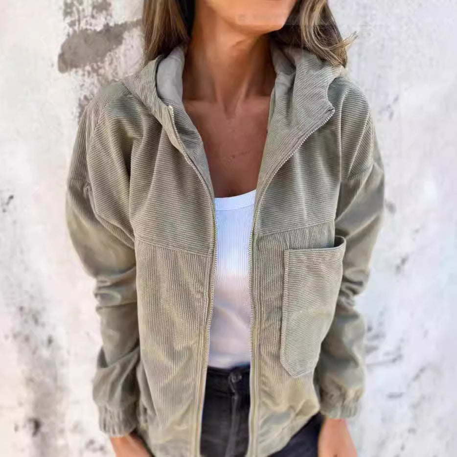 Women’s Hooded Jacket – Relaxed Fit – Corduroy Look – Zip Front – Casual Everyday Wear