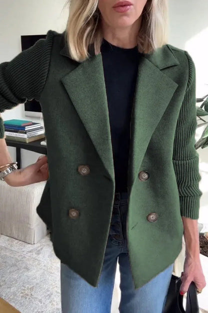 Women’s Blazer – Oversized Fit – Double-Breasted – Soft Knit Sleeves – Hip Length