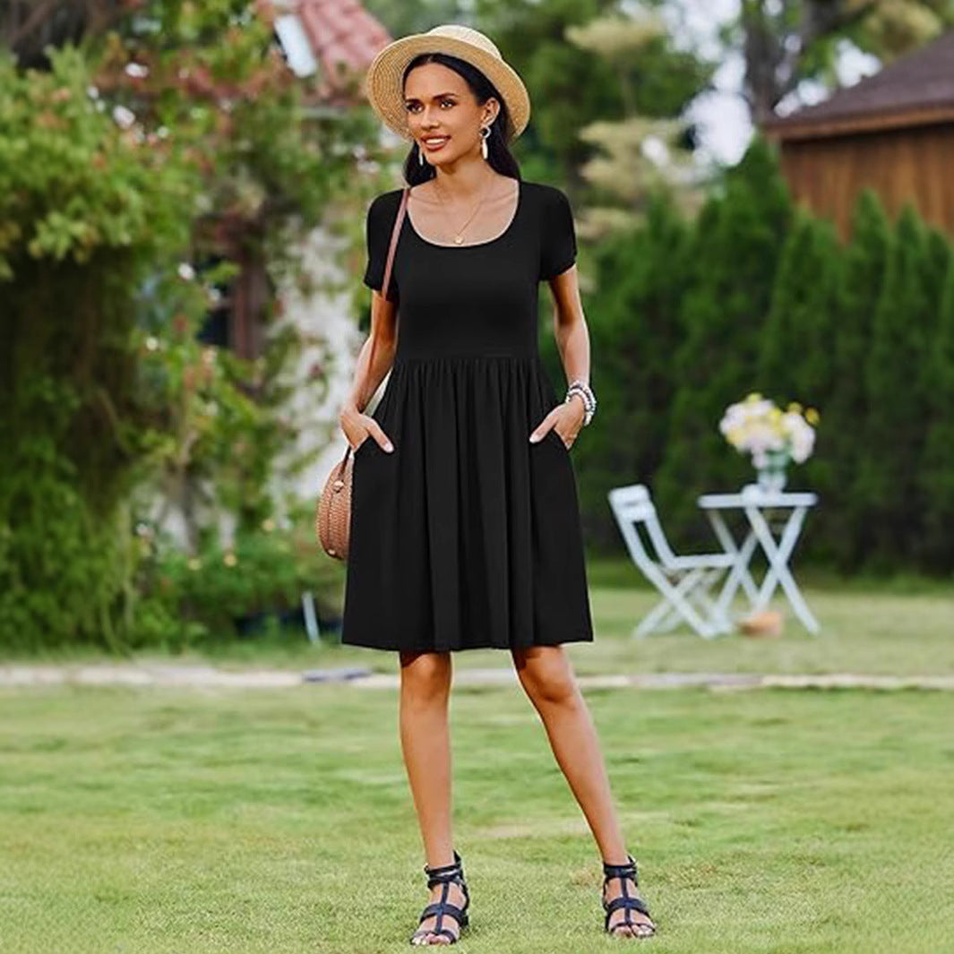 Women’s Casual Dress – Fit and Flare – Round Neck – Short Sleeve – Patterned Skirt