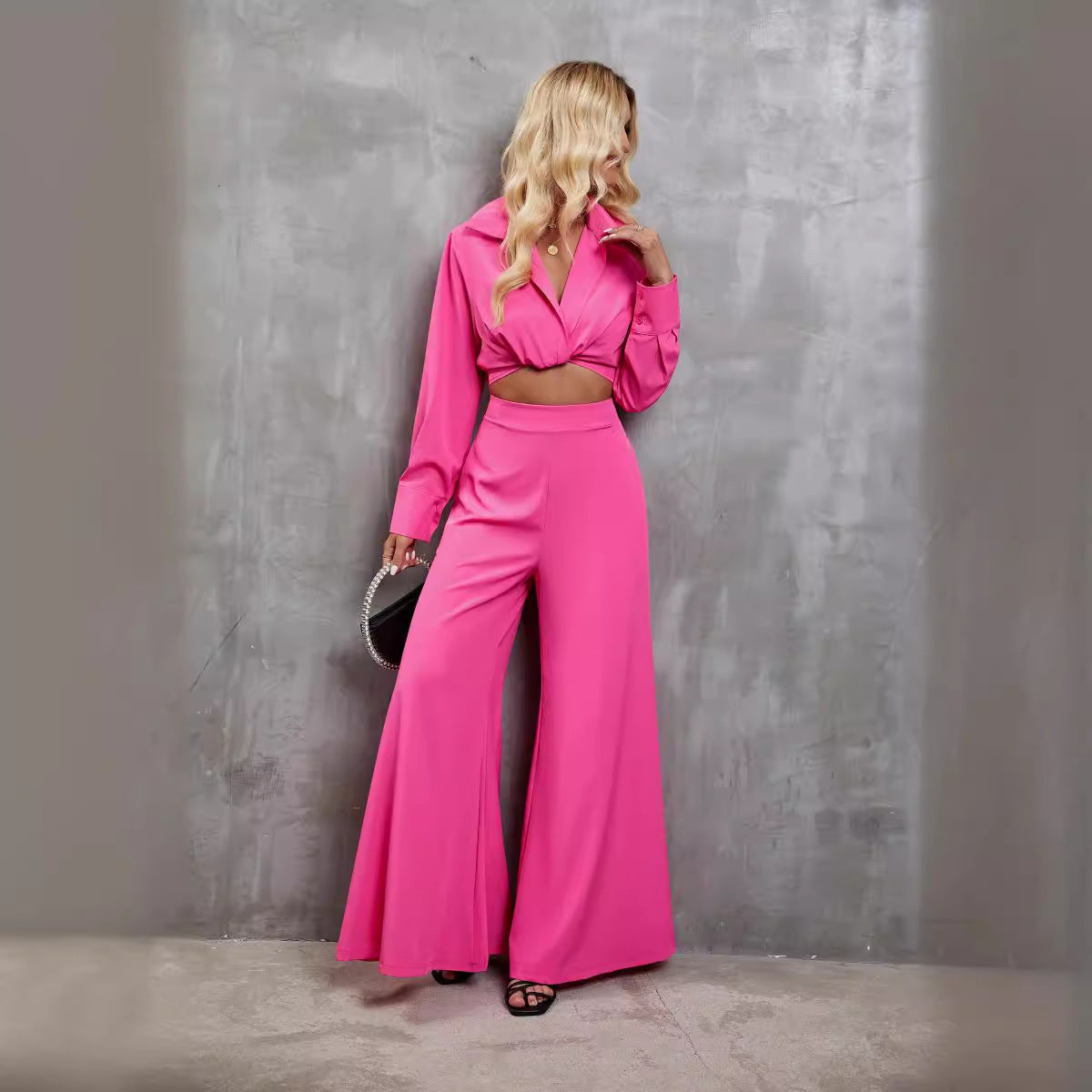 Women’s Two-Piece Set – Twist Front Cropped Blouse – High-Waist Wide-Leg Pants