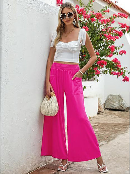 Women’s Wide-Leg Pants – High Waist – Elastic Waistband – Breathable Lightweight Fabric