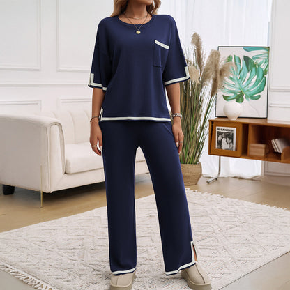 Women’s Knit Lounge Set – Relaxed Fit – Wide-Leg Pants – Contrast Trim – Soft Feel