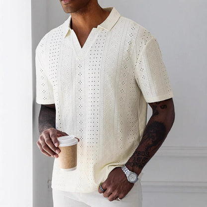 Men’s Knit T-Shirt – Relaxed Fit – Jacquard Lace – V-Neck Short Sleeve Breathable