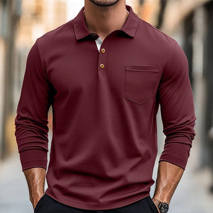 Men’s Long Sleeve Polo Shirt – Cotton – Slim Fit – Chest Pocket – Button Placket