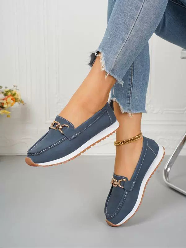 Women’s Loafers – Slip-On – Moc Toe – Suede Look – Platform Sole – Chain Accent