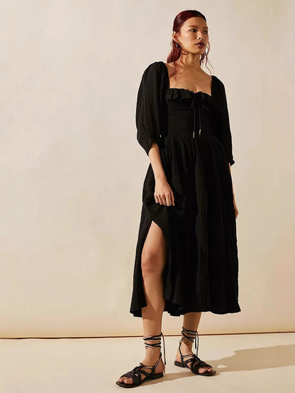 Women’s A-Line Dress – Cotton Blend – Smocked Waist – Long Sleeve V-Neck Ruffle