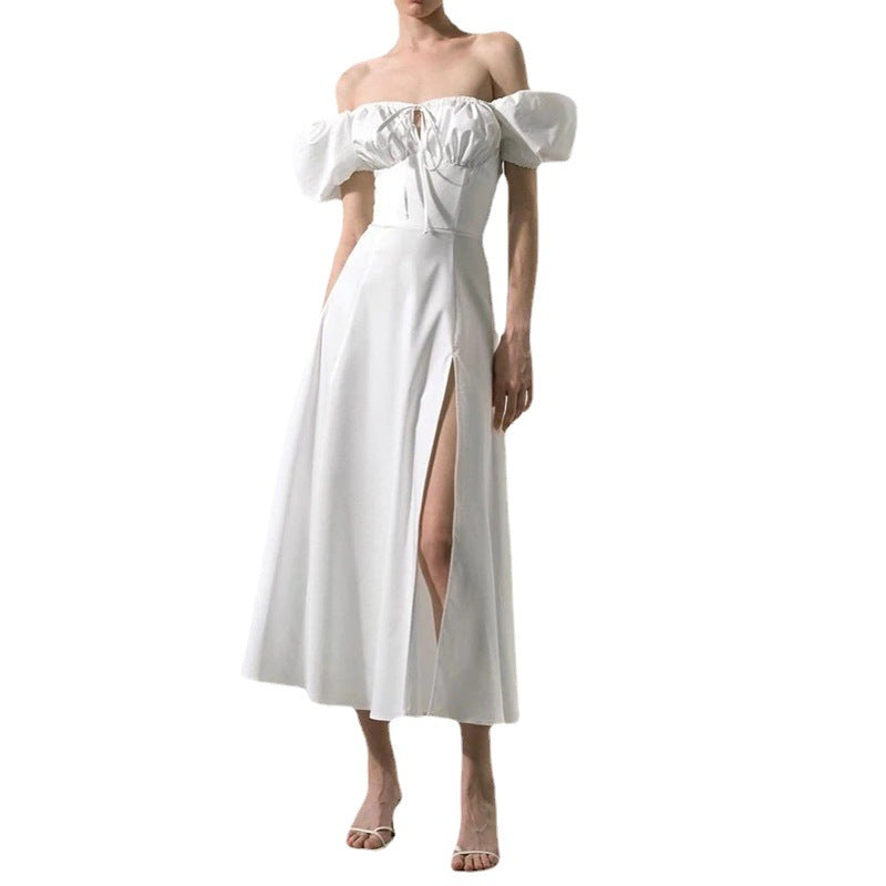 Women's Elegant A-Line Dress - Puff Sleeves - Square Neckline - Midi Length
