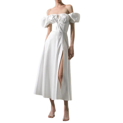 Women's Elegant A-Line Dress - Puff Sleeves - Square Neckline - Midi Length