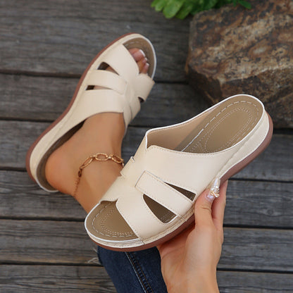 Women’s Wedge Slide Sandals – Open Toe – Cut-Out Design – Casual Everyday Comfort