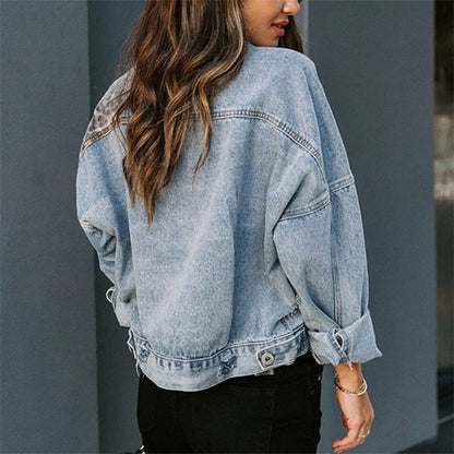 Women’s Denim Jacket – Relaxed Fit – Leopard Print – Distressed Sleeves – Button Front