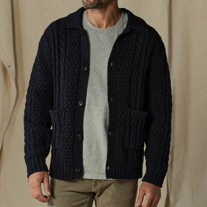 Men’s Cardigan – Wool Blend – Relaxed Fit – Cable Knit – Button Front – Collared – Pockets