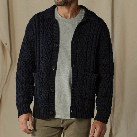 Men’s Cardigan – Wool Blend – Relaxed Fit – Cable Knit – Button Front – Collared – Pockets