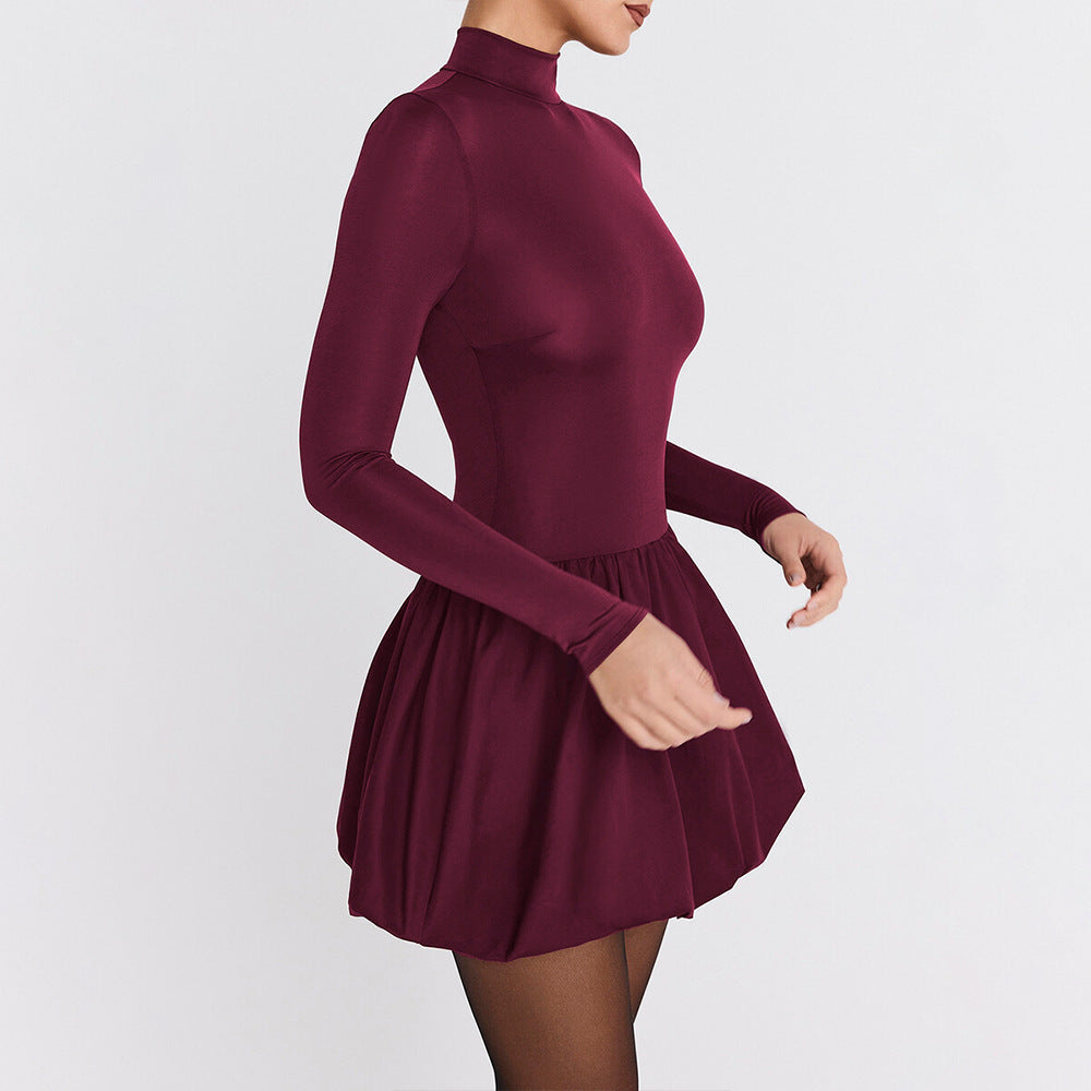 Women’s Mini Dress – Slim Fit – High Neck – Long Sleeve – Gathered A-Line Skirt