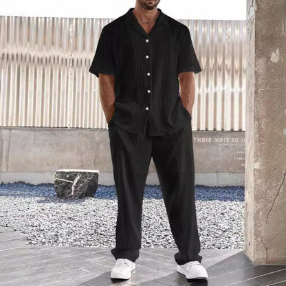 Men’s Casual Set – Lightweight Cotton Blend – Relaxed Fit – Button Shirt & Pants