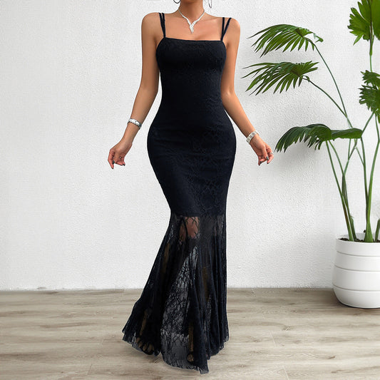 Women’s Maxi Dress – Slim Fit – Lace Overlay – Spaghetti Straps – Formal Evening Wear