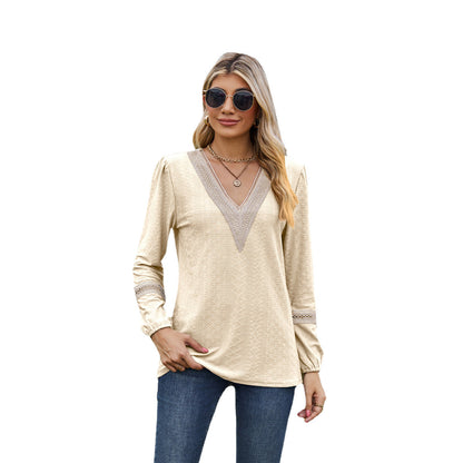 Women’s Long Sleeve T-Shirt – Loose Fit – V-Neck Lace Trim – Soft Breathable Fabric