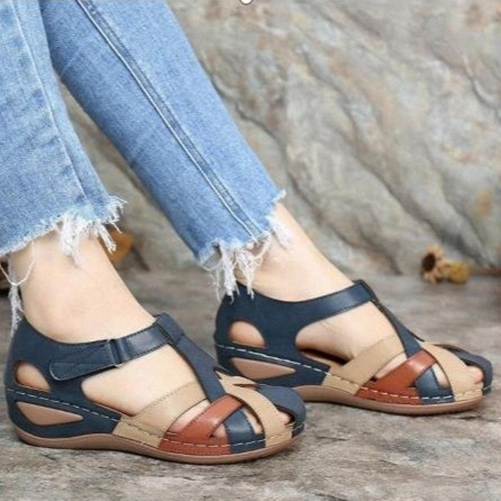 Women’s Sandals – Low Wedge Heel – Crisscross Straps – Buckle Closure – Cut-Out Design