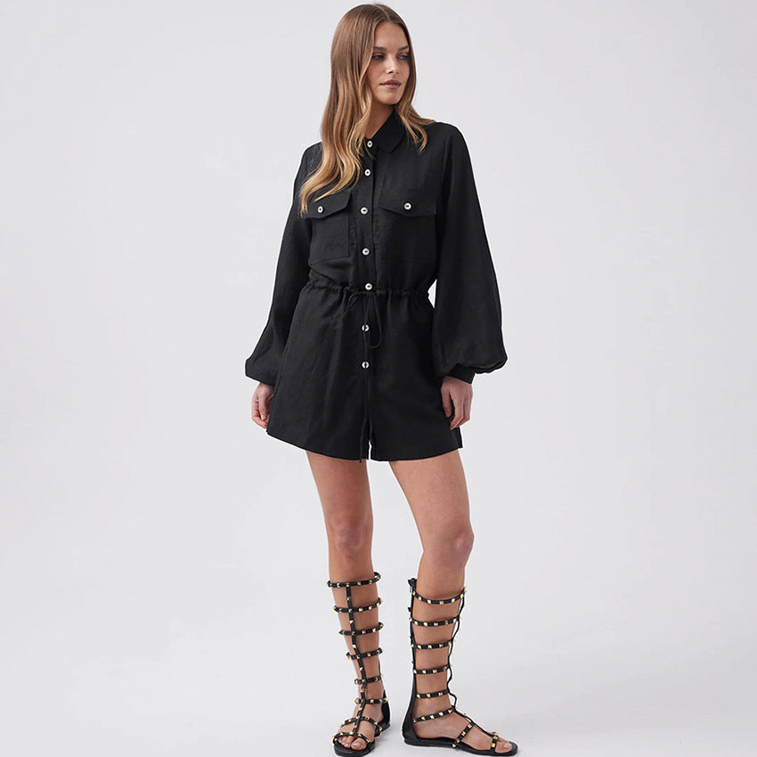 Women’s Romper – Cotton Linen Blend – Long Sleeve – Button Front – Drawstring Waist