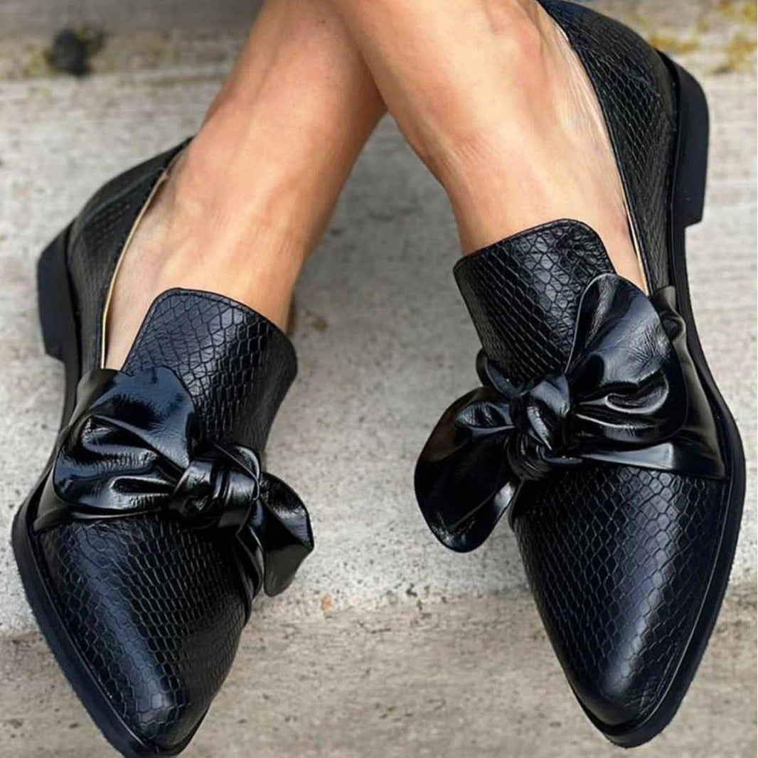 Women’s Loafers – Pointed Toe – Faux Reptile Texture – Bow Strap – Low Heel Comfort