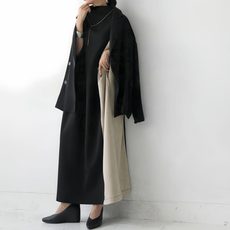 Women’s Midi Dress – Loose Fit – Half Turtleneck – Batwing Sleeves – Two-Tone Design