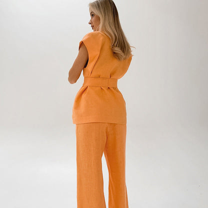 Women’s Pants Set – Sleeveless V-Neck Top – Belted Waist – Breathable Blend – Relaxed Fit