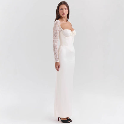 Women’s Evening Dress – Satin Bodycon Fit – Lace Long Sleeves – Sweetheart Neckline