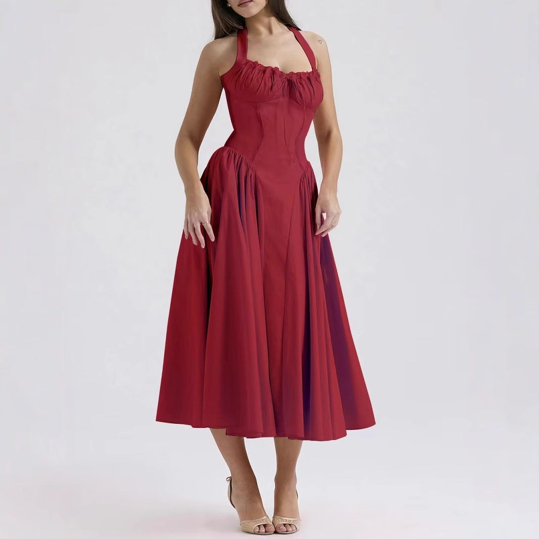 Women’s Halter Neck Dress – Slim Fit – Gathered Bodice – Backless – Midi Flared Skirt