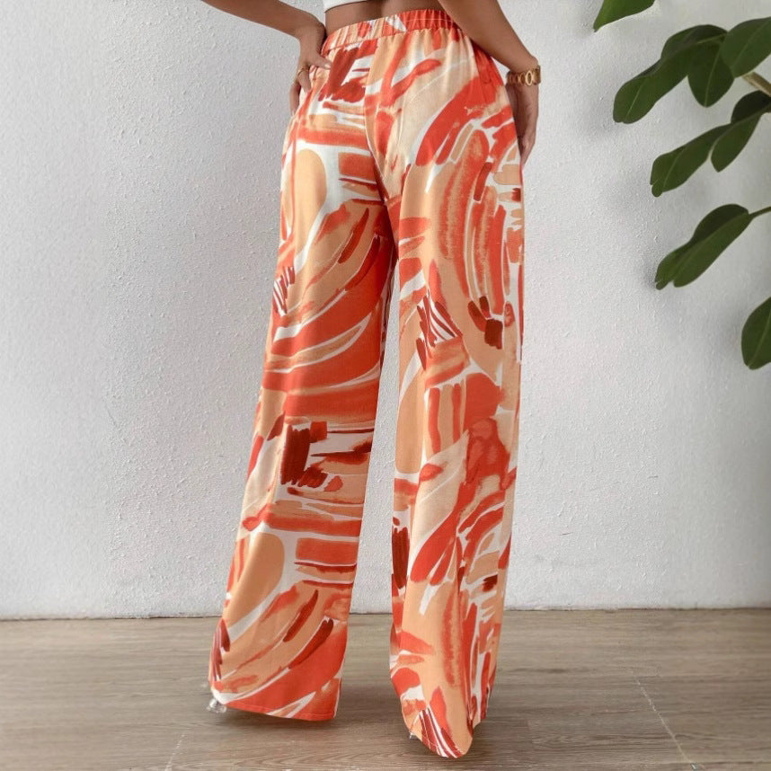 Women’s Wide-Leg Pants – Abstract Print – Full Length – Elastic Waist – Relaxed Fit