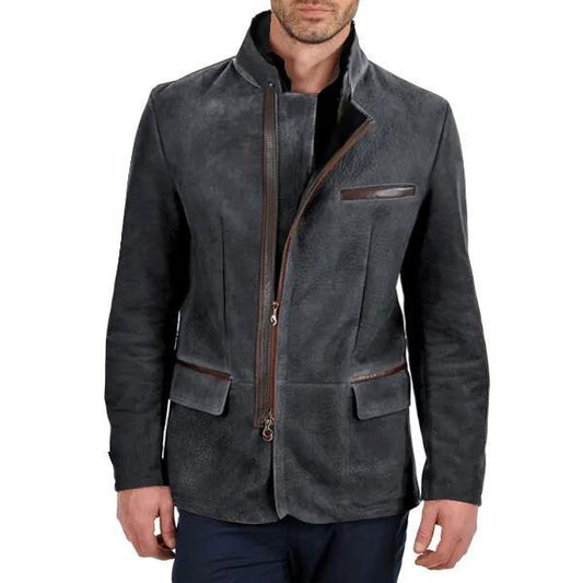 Men’s Suede Jacket – Slim Fit – Stand Collar – Zipper Front – Multi-Pocket Style