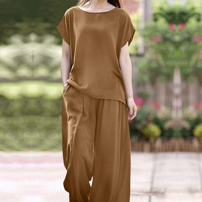 Women’s Two-Piece Set – Loose Fit Blouse – Wide-Leg High-Waist Pants – Lightweight Breathable