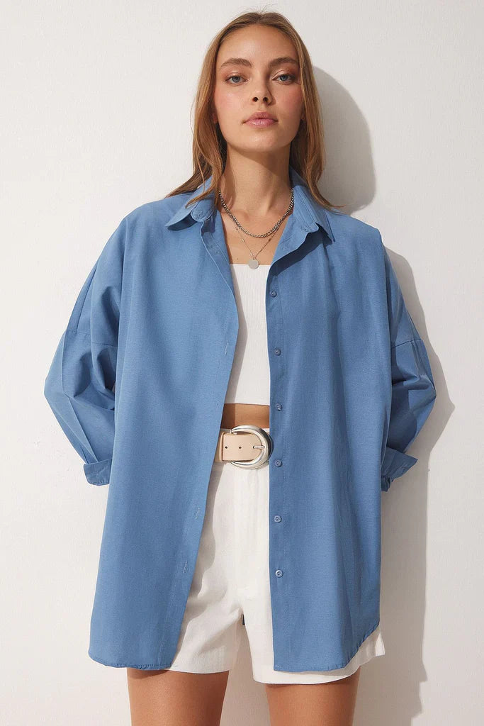 Women’s Blouse – Cotton Blend – Oversized Fit – Long Sleeve – Button Front Casual