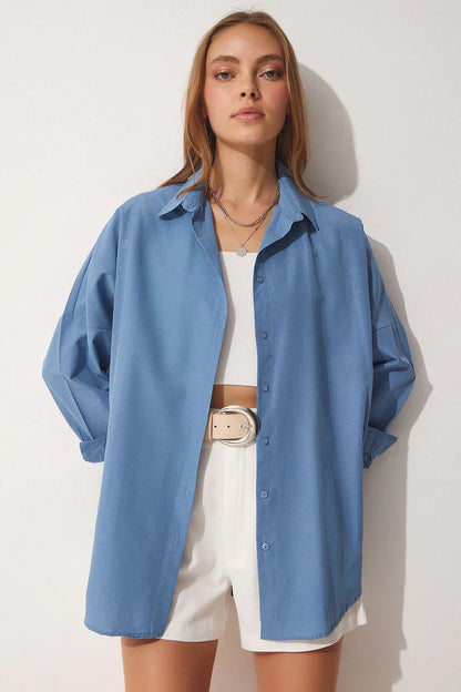 Women’s Blouse – Cotton Blend – Oversized Fit – Long Sleeve – Button Front Casual