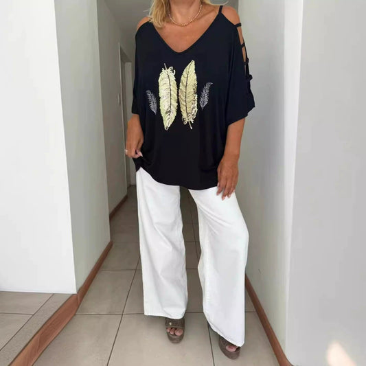 Women’s Oversized T-Shirt – Shoulder Cut-Outs – Statement Print – Breathable Blend
