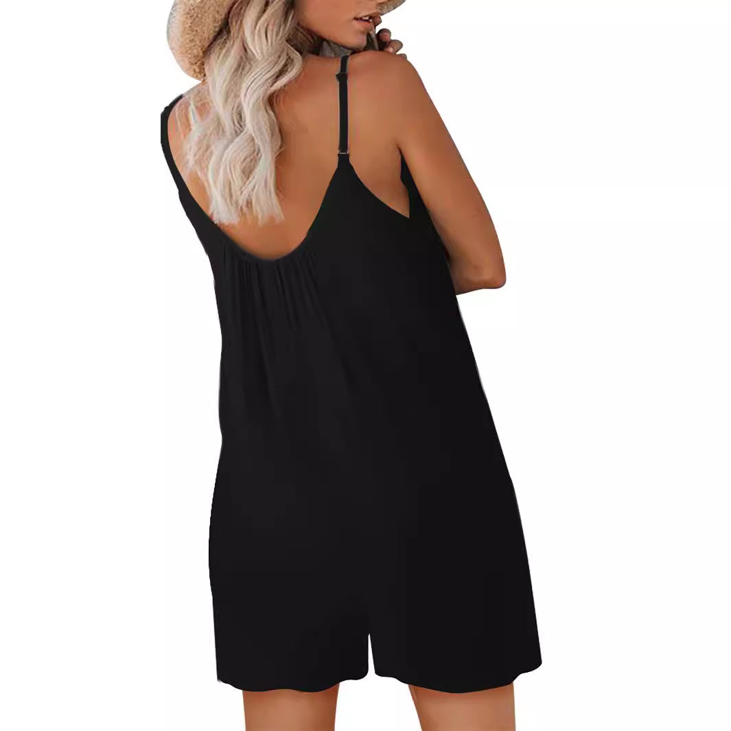 Women’s Romper – Relaxed Fit – Cotton Blend – V-Neck – Spaghetti Straps – Pockets