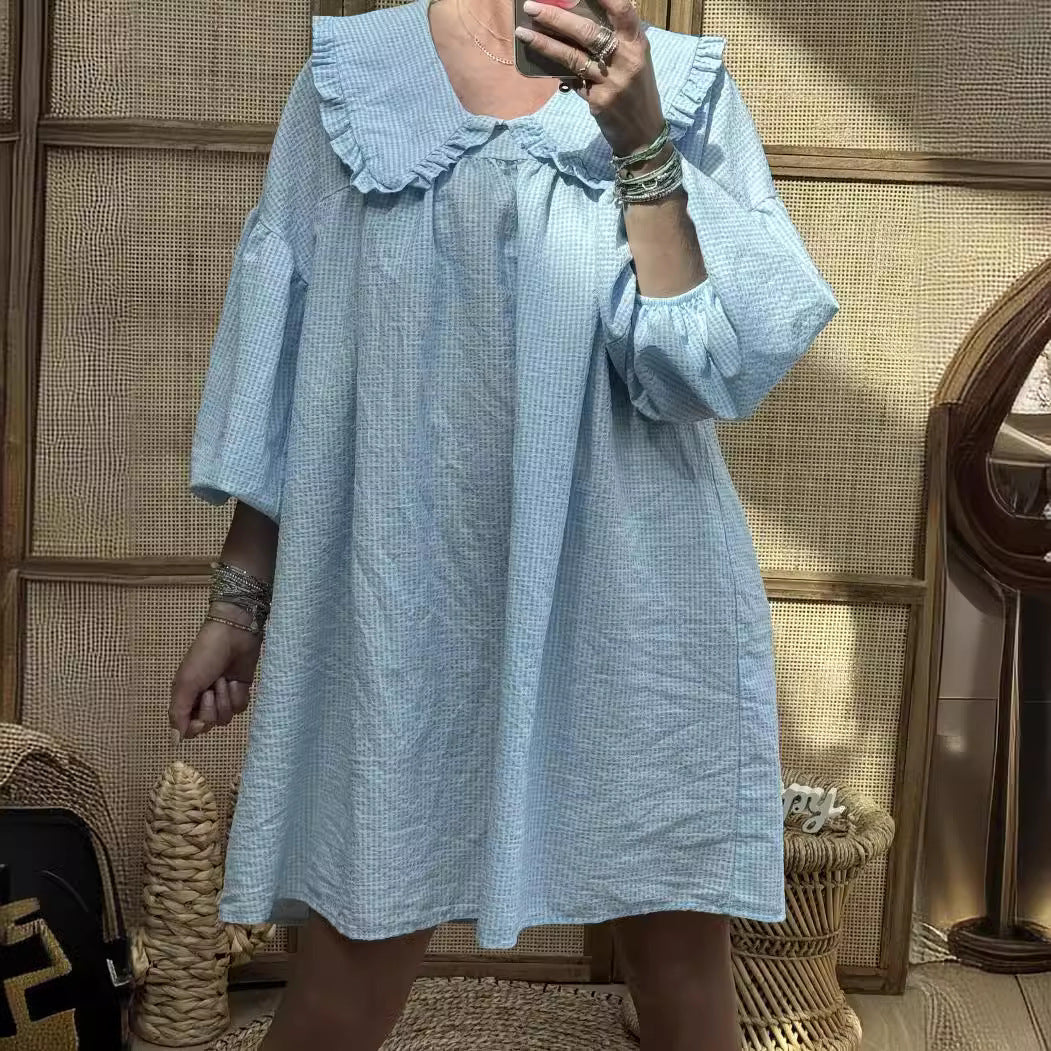 Women’s A-Line Dress – Cotton Checkered – Ruffled Collar – Balloon Sleeve – Short Length