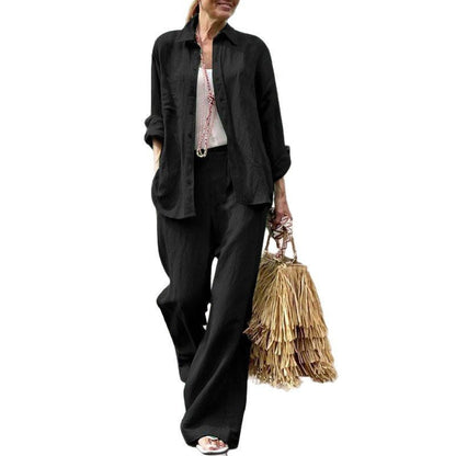 Women’s Shirt and Pants Set – Cotton – Relaxed Fit – Long Sleeve – Wide Leg Casual Wear