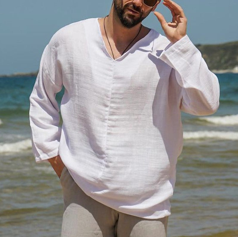 Men’s Linen Shirt – Relaxed Fit – V-Neck – Long Sleeve Lightweight Casual