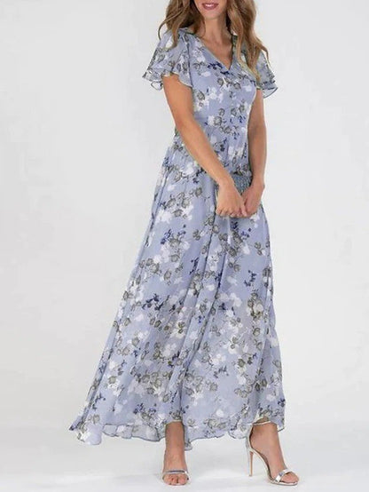 Women's Maxi Dress - Floral Print - Short Flutter Sleeve - V-Neck Flowy Elegant Fit