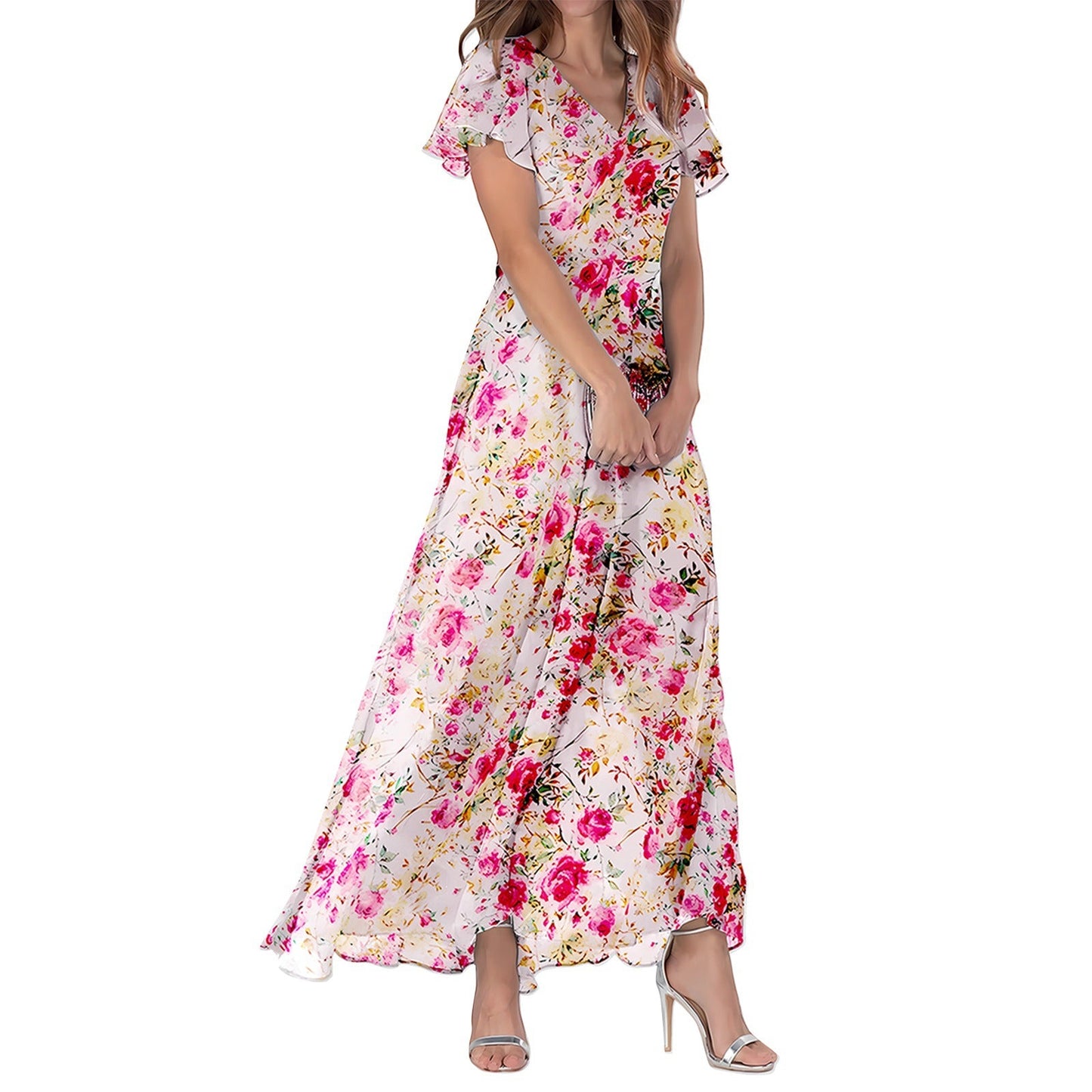 Women’s Maxi Dress – Luxury Fabric – Flowy Fit – V-Neck – Flutter Sleeve – Floral Print