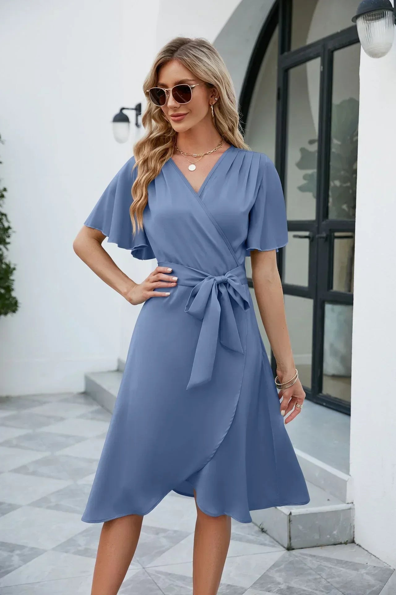 Women's Wrap Dress - V-Neck Midi Length - Short Flutter Sleeves - Flowy Adjustable Fit