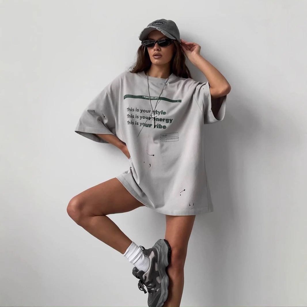 Women’s Oversized T-Shirt – Cotton Blend – Relaxed Fit – Distressed Graphic Tunic