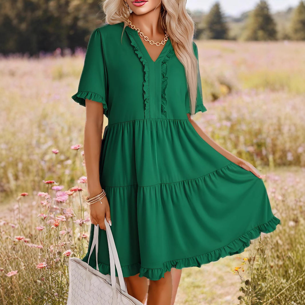Women’s A-Line Dress – Relaxed Fit – V-Neck – Tiered – Ruffle Sleeve – Lightweight