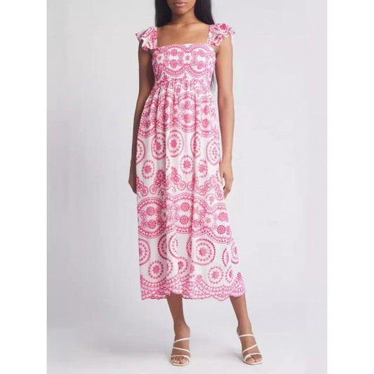 Women’s Midi Dress – Lightweight Cotton – Relaxed Fit – Ruffle Sleeve – Square Neck