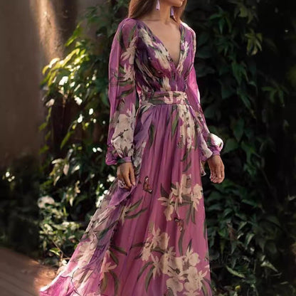 Women’s Long Dress – Sheer Chiffon – Floral Print – V-Neck – Flowing Fit – Long Sleeve