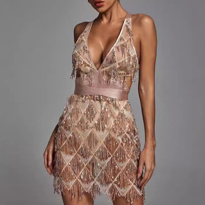 Women’s Midi Dress – Fitted Silhouette – Plunging V-Neck – Sequin Tassel Detail