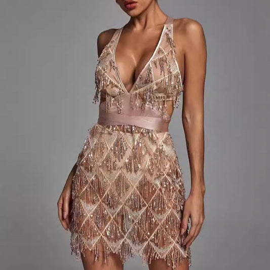 Women’s Midi Dress – Fitted Silhouette – Plunging V-Neck – Sequin Tassel Detail