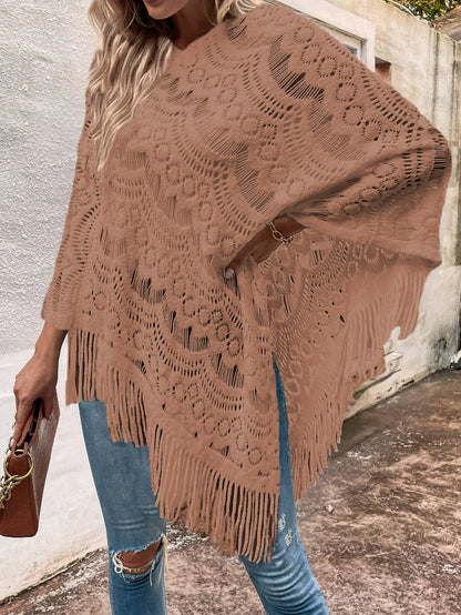 Women’s Shawl – Lace Knit – Oversized Fit – Irregular Hem with Tassels – Semi-Sheer