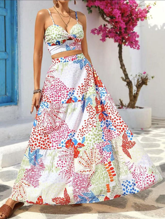 Women’s Two-Piece Set – Sleeveless Crop Top – Tiered A-Line Skirt – Breathable Fabric