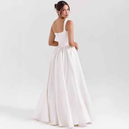 Women’s Maxi Dress – Square Neckline – Fitted Waist – Flared Skirt – Cotton Fabric
